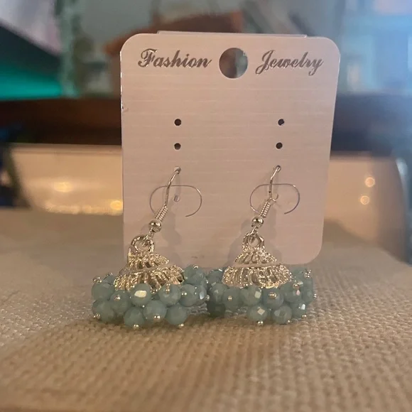 Silver and Blue Jhumkas - Picture 3 of 4